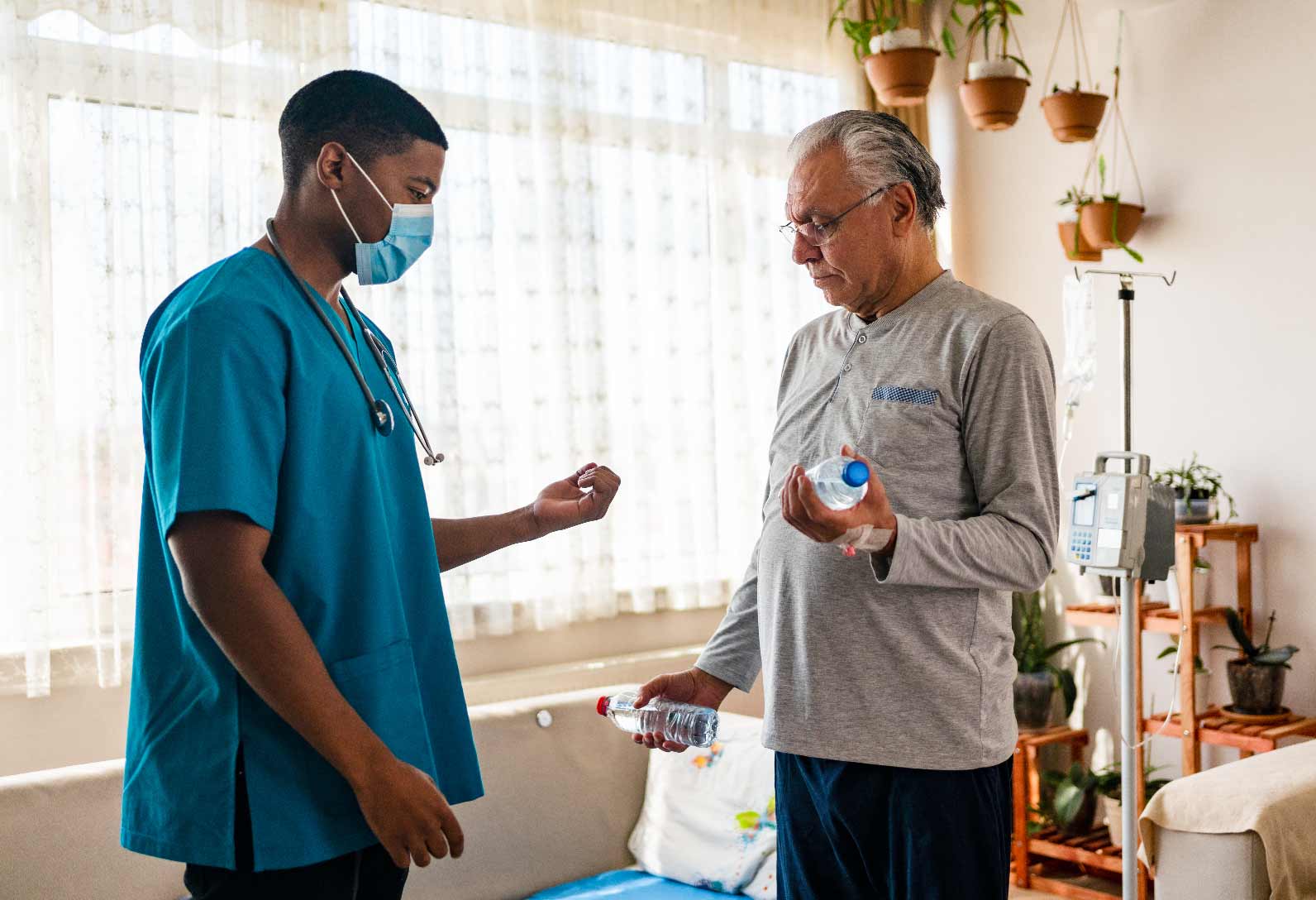 Patient doing light weightlifting in a skilled nursing facility